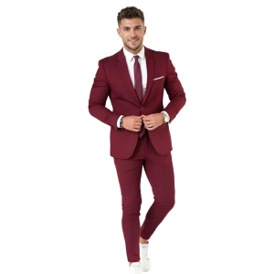 Men's Slim Fit Two-Piece Suit, Maroon, Single Button Blazer with Matching Trousers